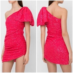 NWT Amen One Shoulder Bow Sleeve Sequin Mini Dress Pink Sparkle Sz 46